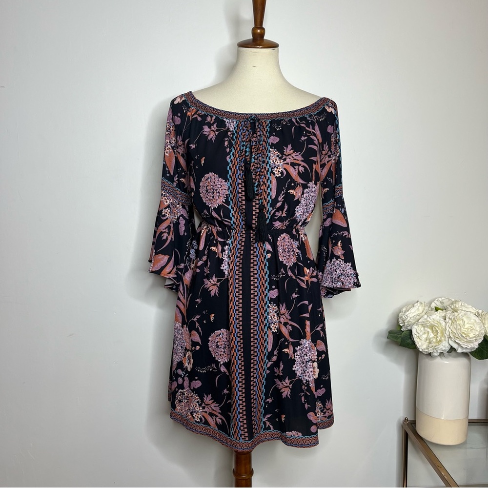 Jealous Tomato boho off shoulder floral print bell sleeve blouson dress medium